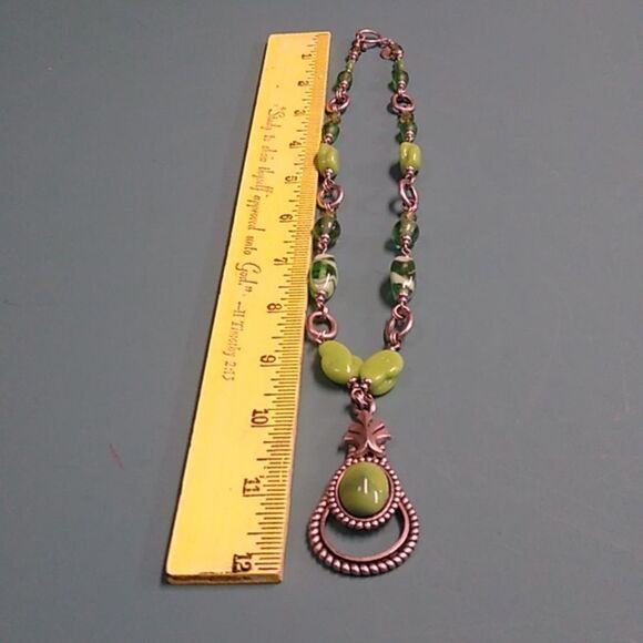 Ann Cichon Signed Green Cabochon Silver Tone Metal Green Beads Cottagecore - Picture 6 of 10